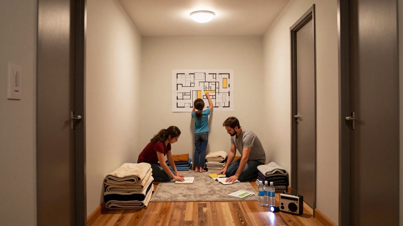 Família sentada no chão de uma sala vazia com mantas, mapas e garrafas, planeando uma atividade.