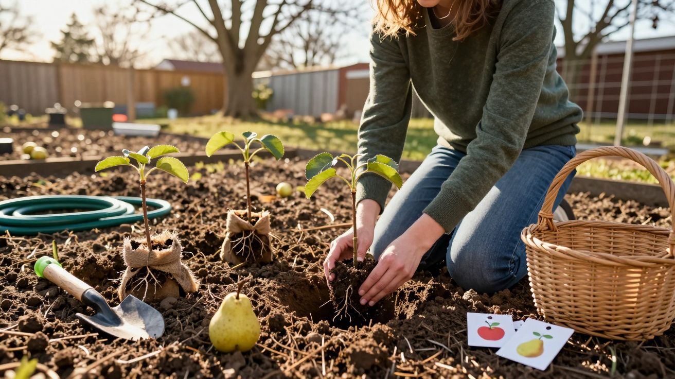 Pessoa a plantar pequenas árvores numa horta, com cesta, enxada e cartões ilustrados de frutas.