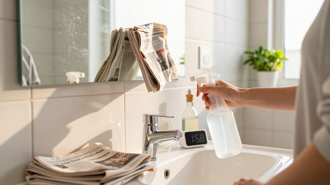 Pessoa a limpar espelho de casa de banho com pulverizador, jornais sobre lavatório, planta ao fundo.