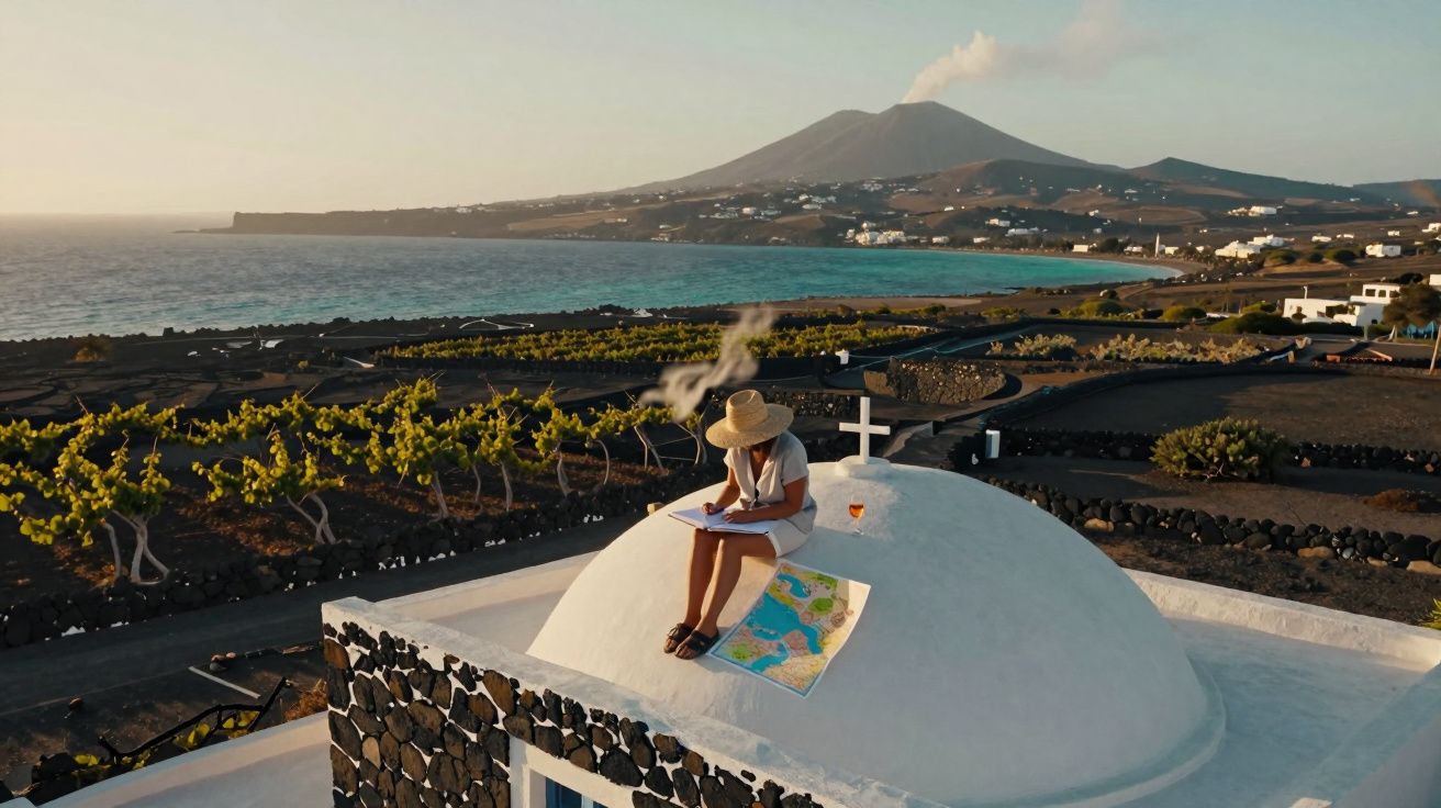 Mulher sentada no telhado de igreja branca com mapa, perto de vinha e vulcão ativo junto ao mar ao pôr do sol.