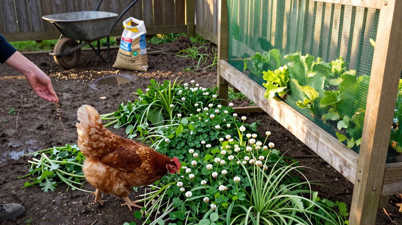 Frango numa horta a comer alimento da mão humana, com plantas e uma carrinha de mão ao fundo.