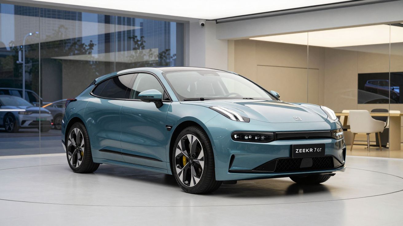 Carro elétrico Zeekr 001 azul exibido em showroom moderno com paredes de vidro e mobiliário contemporâneo.