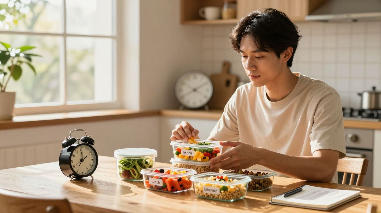 Homem jovem numa cozinha a organizar refeições saudáveis em recipientes plásticos rotulados, com relógio e caderno à frente.