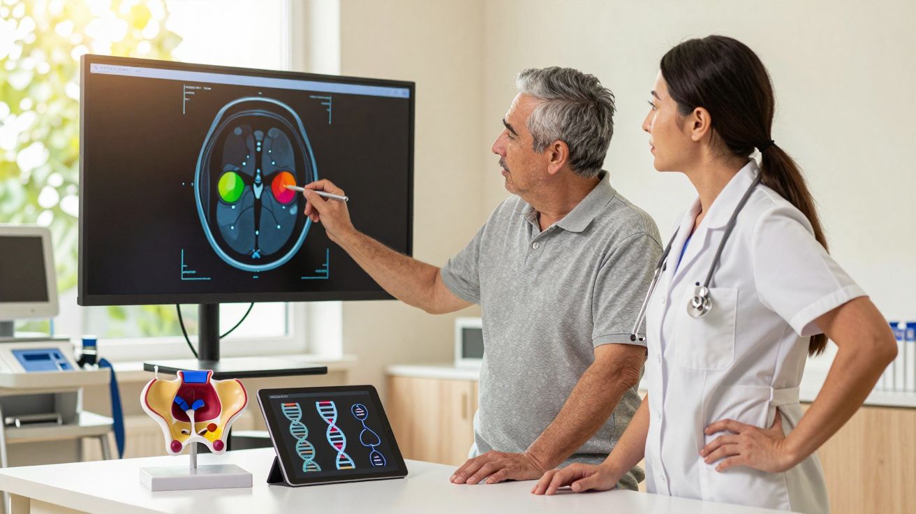 Homem explicando exame cerebral a médica numa clínica moderna com imagens digitais de ADN e modelo anatómico.