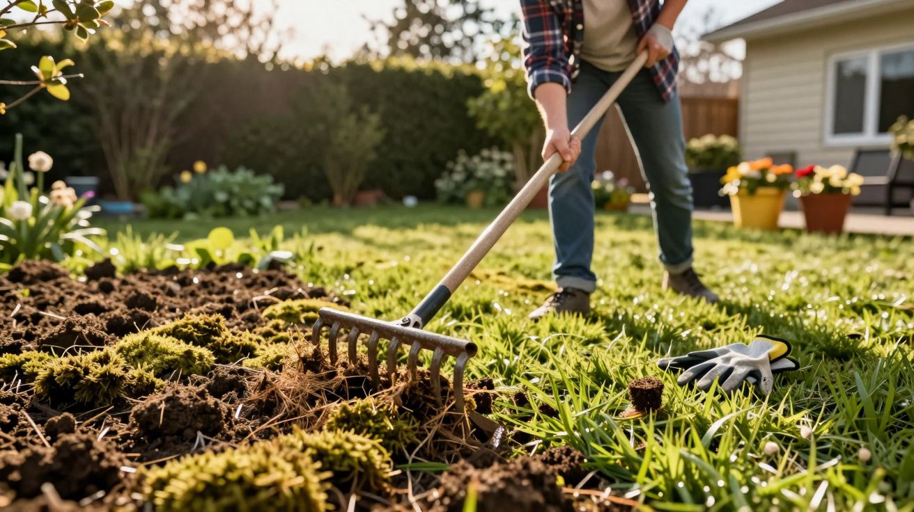 Pessoa a usar um ancinho para preparar o jardim numa área ensolarada junto a uma casa.
