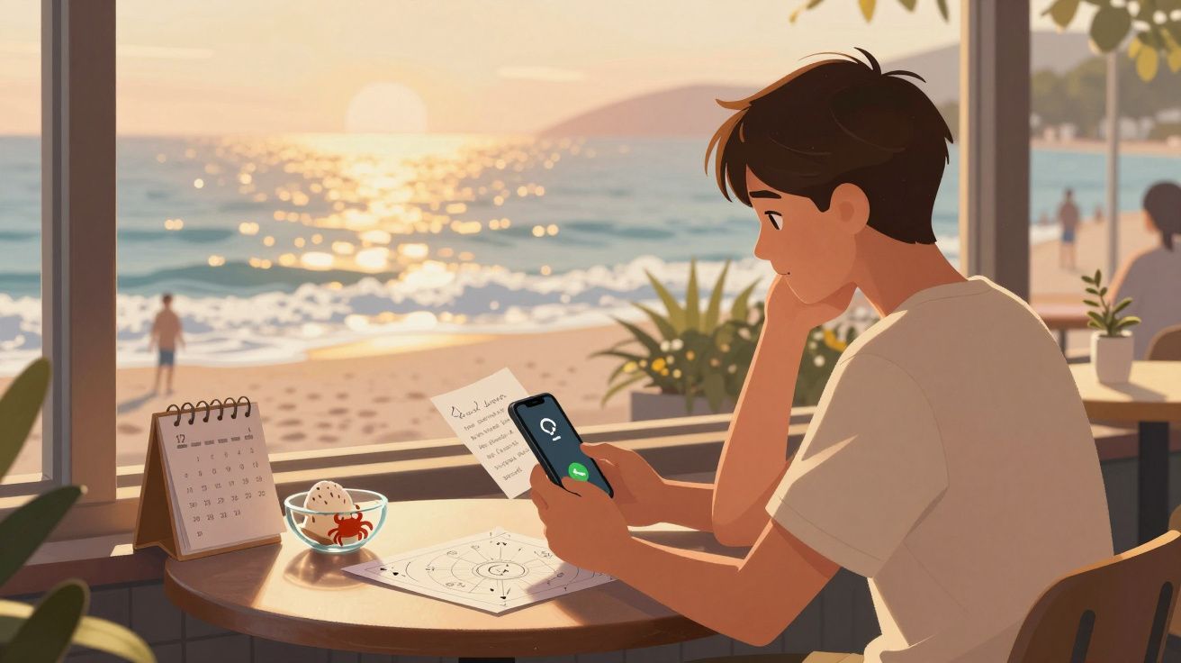 Jovem sentado à mesa junto à janela de um café, olhando para o telemóvel com chamada recebida, ao pôr do sol na praia.