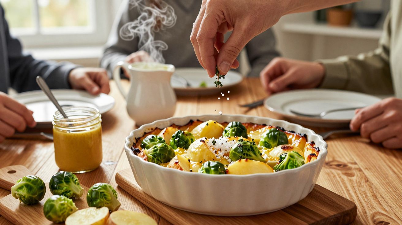 Pessoa a temperar gratinado com couves-de-bruxelas e batatas numa mesa de jantar.