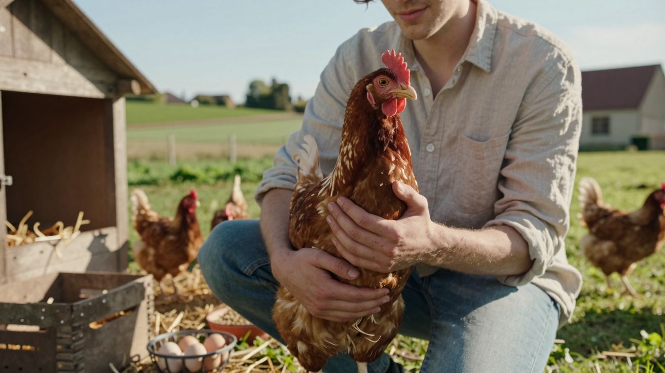 Homem segurando uma galinha castanha num quintal com outras galinhas e ovos ao fundo.