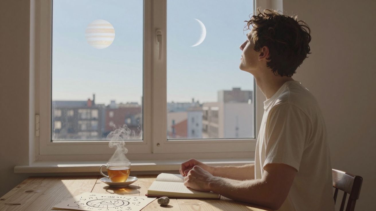 Homem sentado junto a janela, a olhar para um céu com planetas e uma chávena de chá na mesa à sua frente.