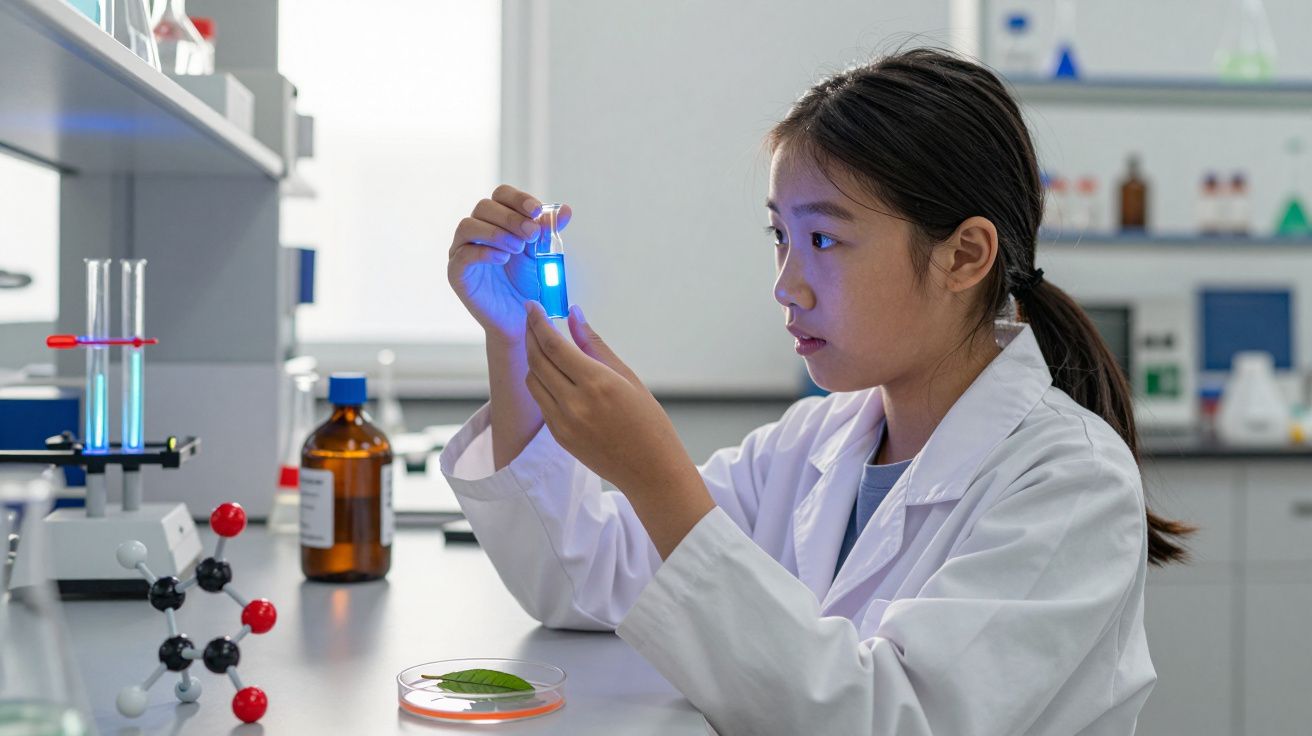 Jovem cientista de bata branca observa tubo de ensaio com líquido azul num laboratório moderno.
