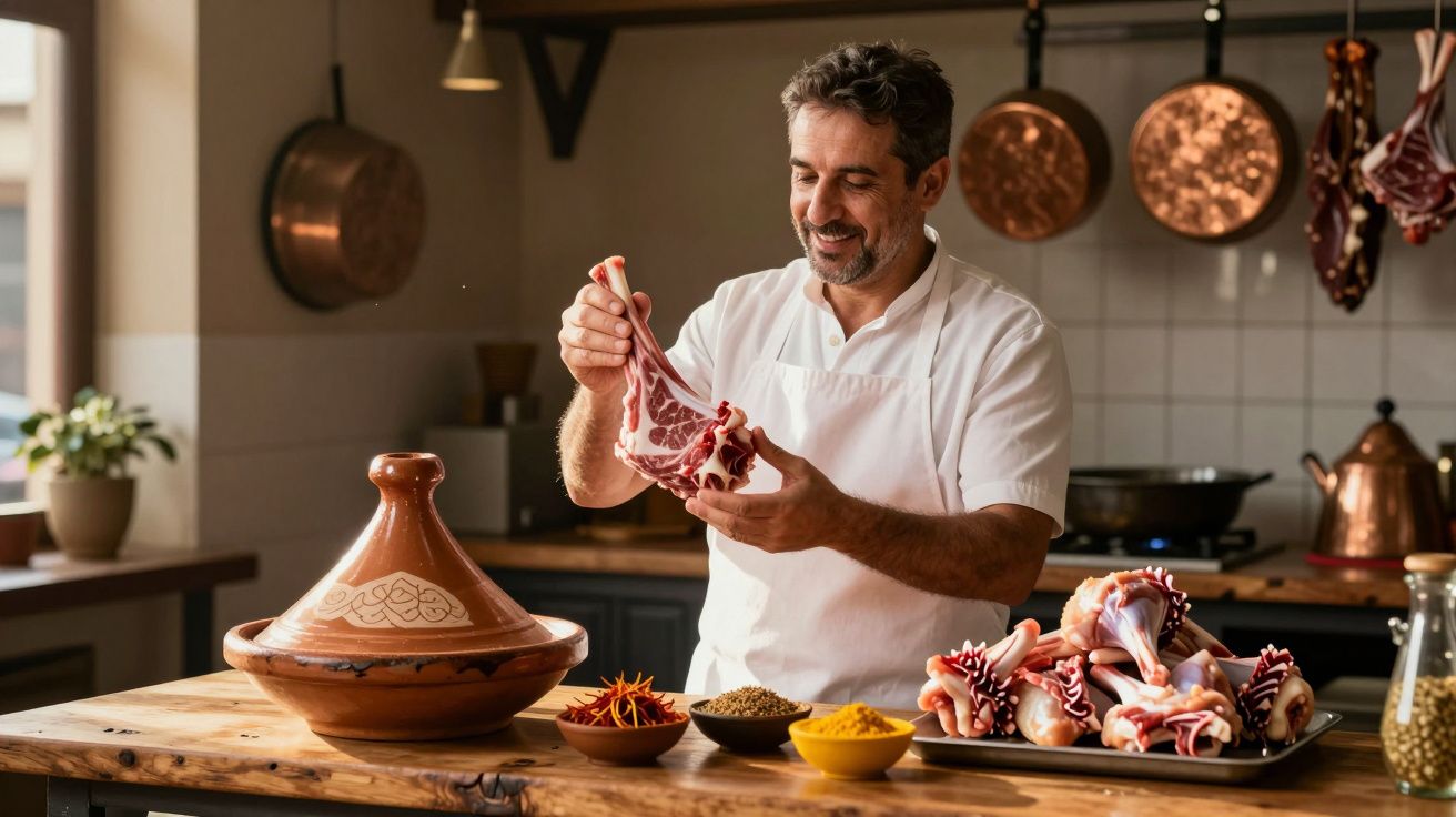 Homem com avental branco prepara carne numa cozinha rústica com especiarias e utensílios de cobre.
