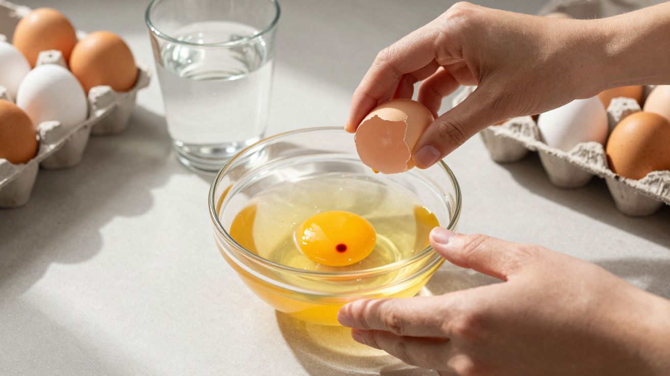 Pessoa a partir um ovo numa tigela de vidro clara com várias caixas de ovos ao redor sobre bancada cinzenta.
