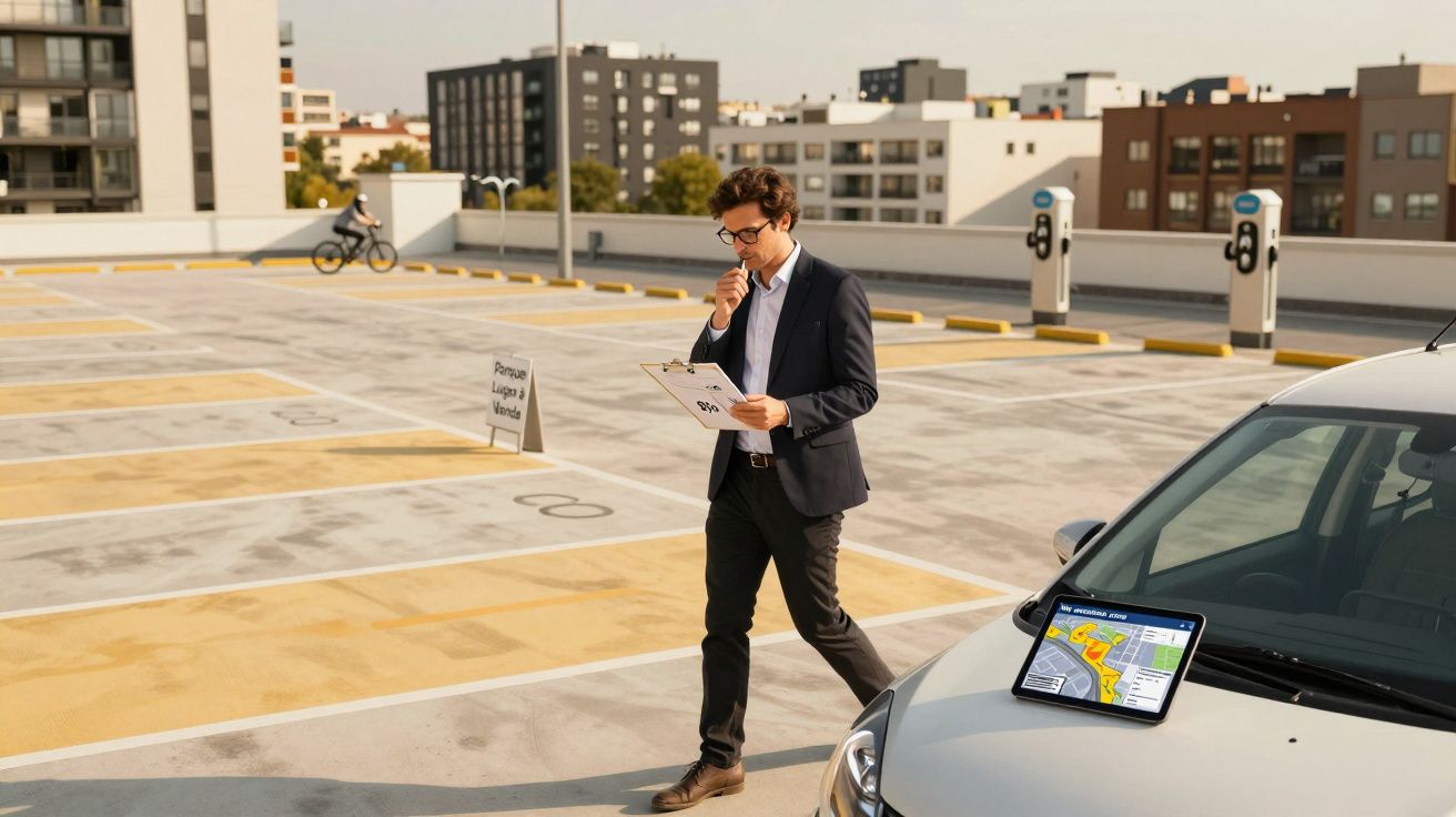Homem de fato a pensar, com prancheta na mão, num parque de estacionamento urbano com carro elétrico e tablet.