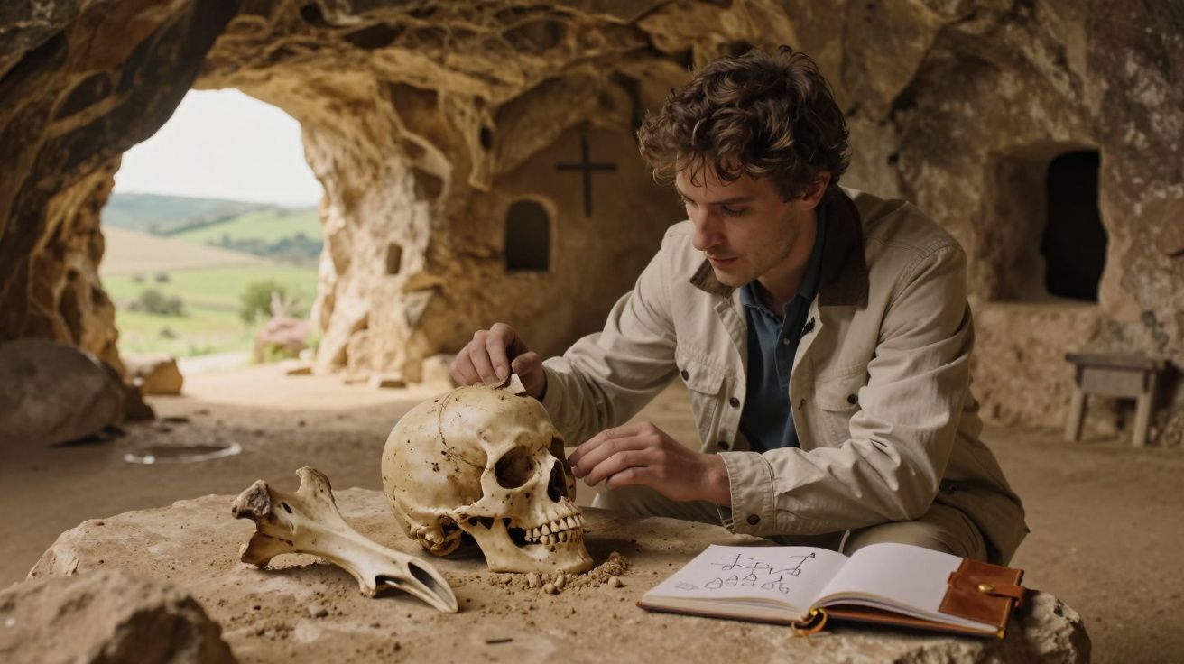 Homem estuda crânio humano numa gruta com cruz na parede, com caderno aberto ao lado.