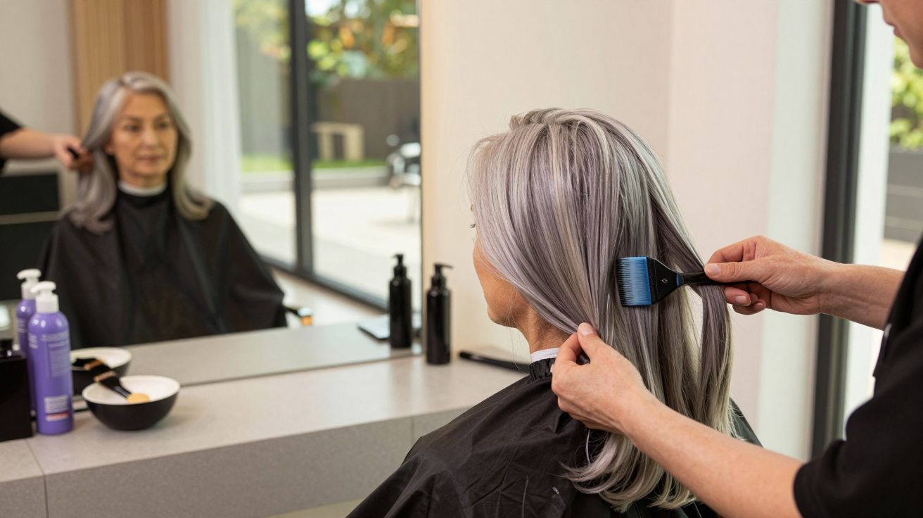 Mulher com cabelo cinzento sentado num cabeleireiro a ser preparado para coloração do cabelo.