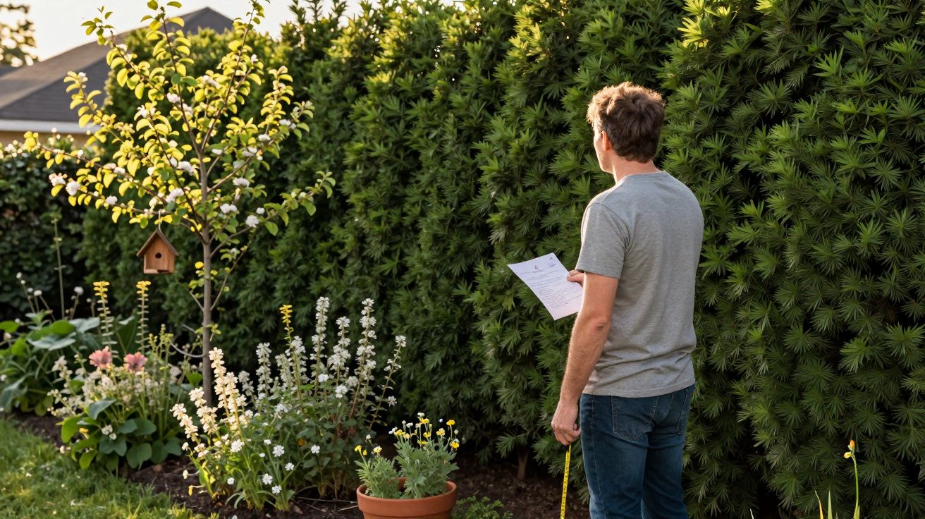 Homem a inspecionar e medir plantas num jardim verde com cerca de arbustos altos ao fundo.