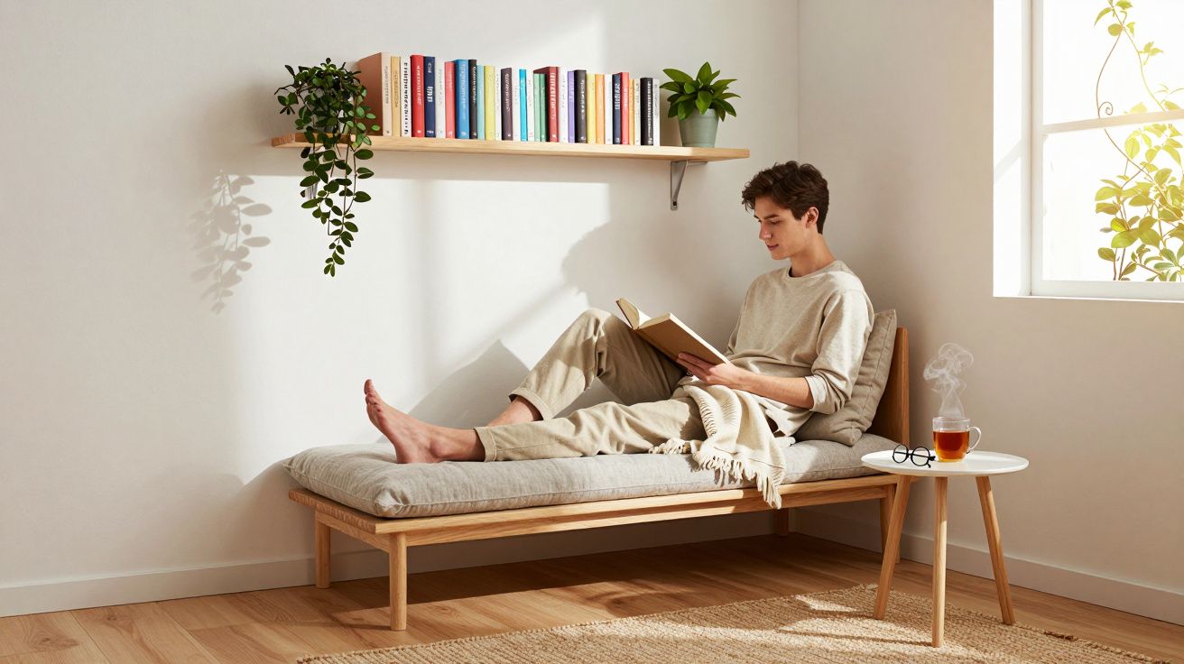 Jovem sentado numa cama-cama de madeira a ler um livro numa sala iluminada com plantas e chá fumegante.