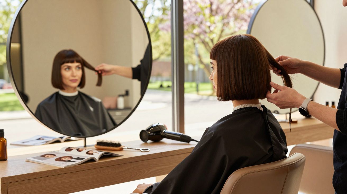 Mulher com cabelo curto castanho recebe corte de cabelo numa cadeira de cabeleireiro moderna e iluminada.