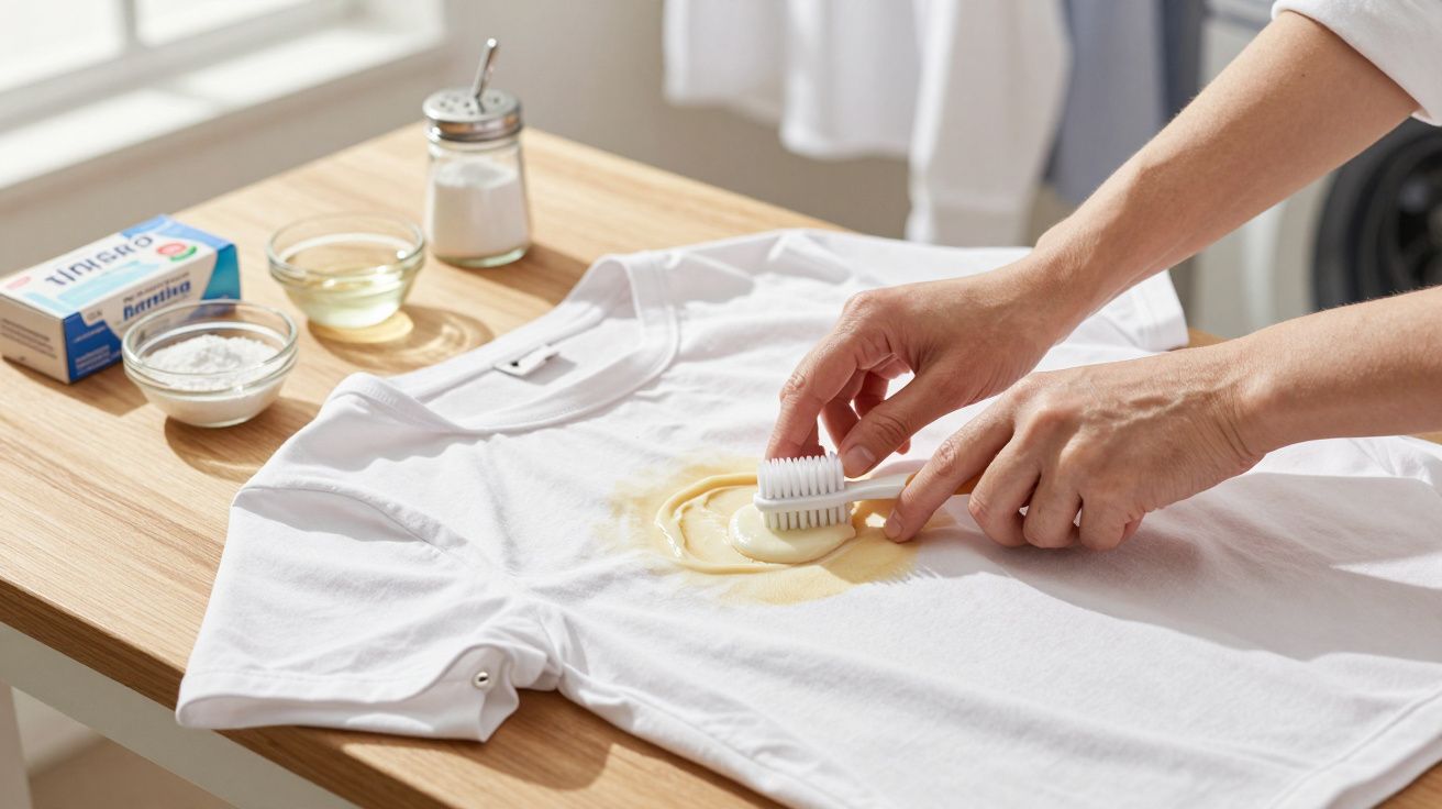 Mãos a esfregar uma mancha amarela numa t-shirt branca com escova, junto a produtos de limpeza caseiros.