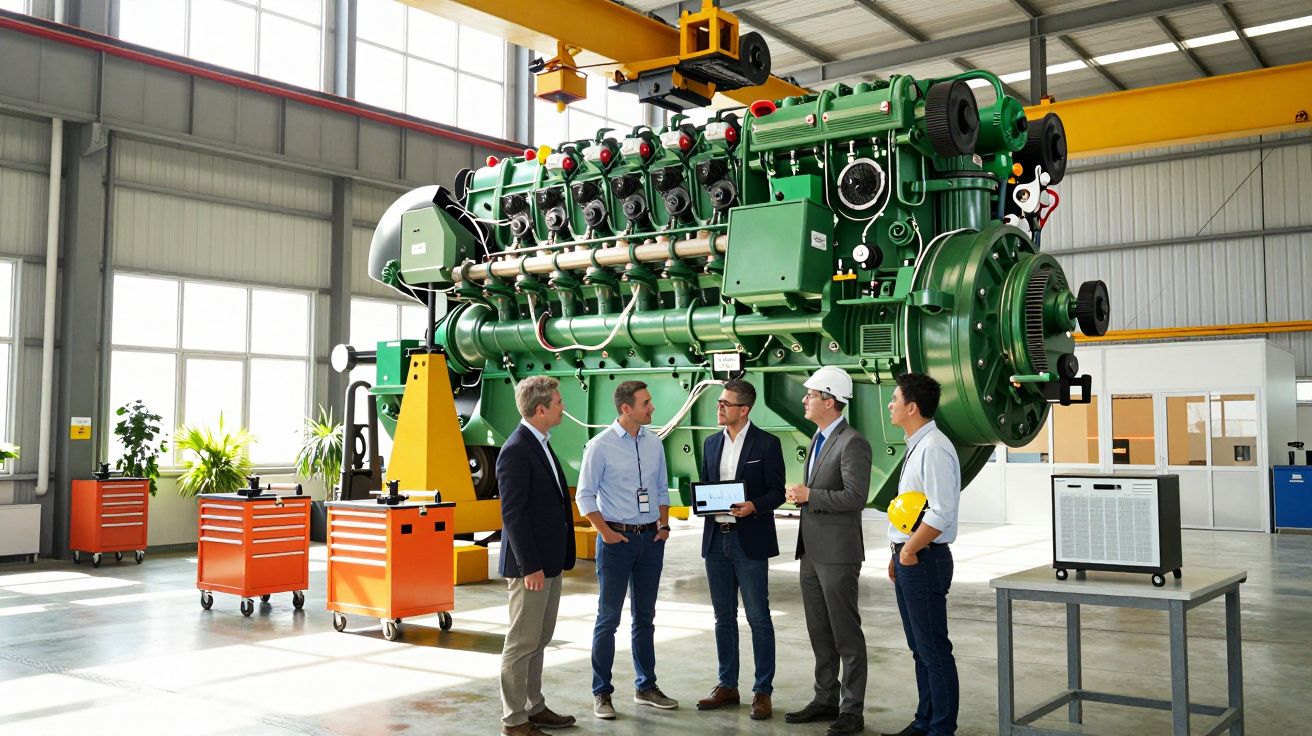 Cinco homens em reunião numa fábrica ao lado de motor industrial verde suspenso por uma grua amarela.