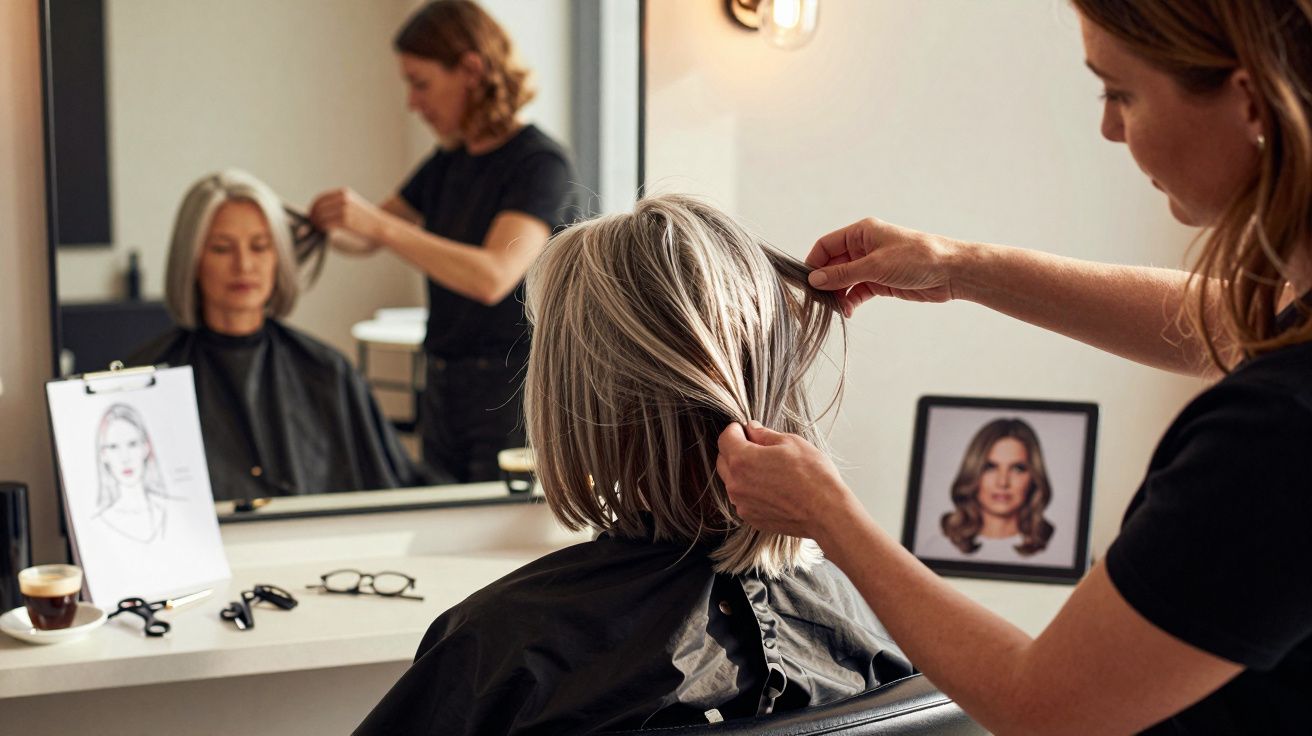 Cabeleireira a pentear cabelo cinza curto de mulher numa cadeira de salão com espelho e fotografias de penteados.