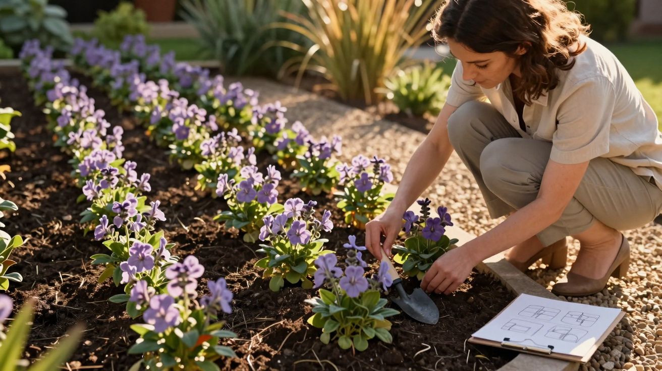 Mulher a cuidar de flores roxas num jardim, com uma pá e uma prancheta ao lado no chão.