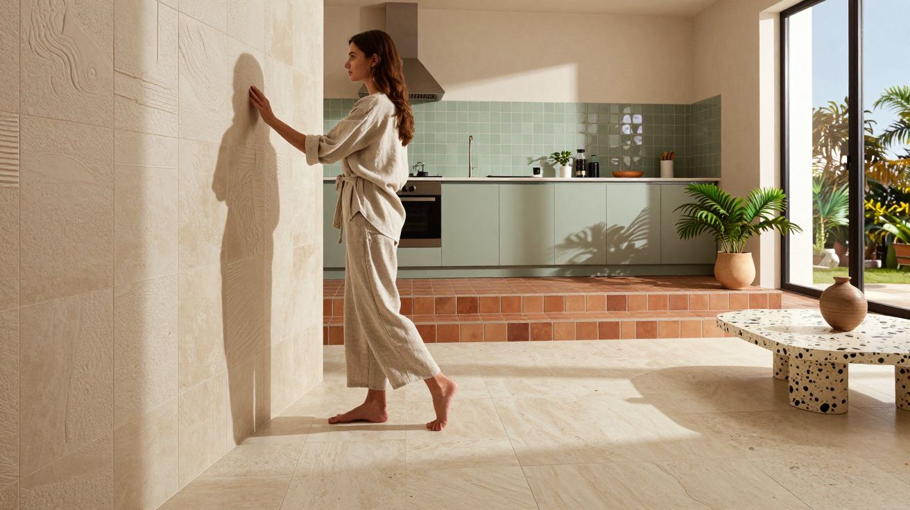 Mulher descalça a tocar numa parede de azulejos numa sala clara com cozinha moderna ao fundo e muita luz natural.