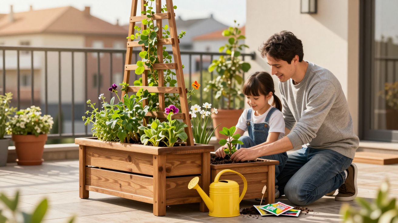 Homem e criança a plantar flores num canteiro de madeira numa varanda ensolarada.