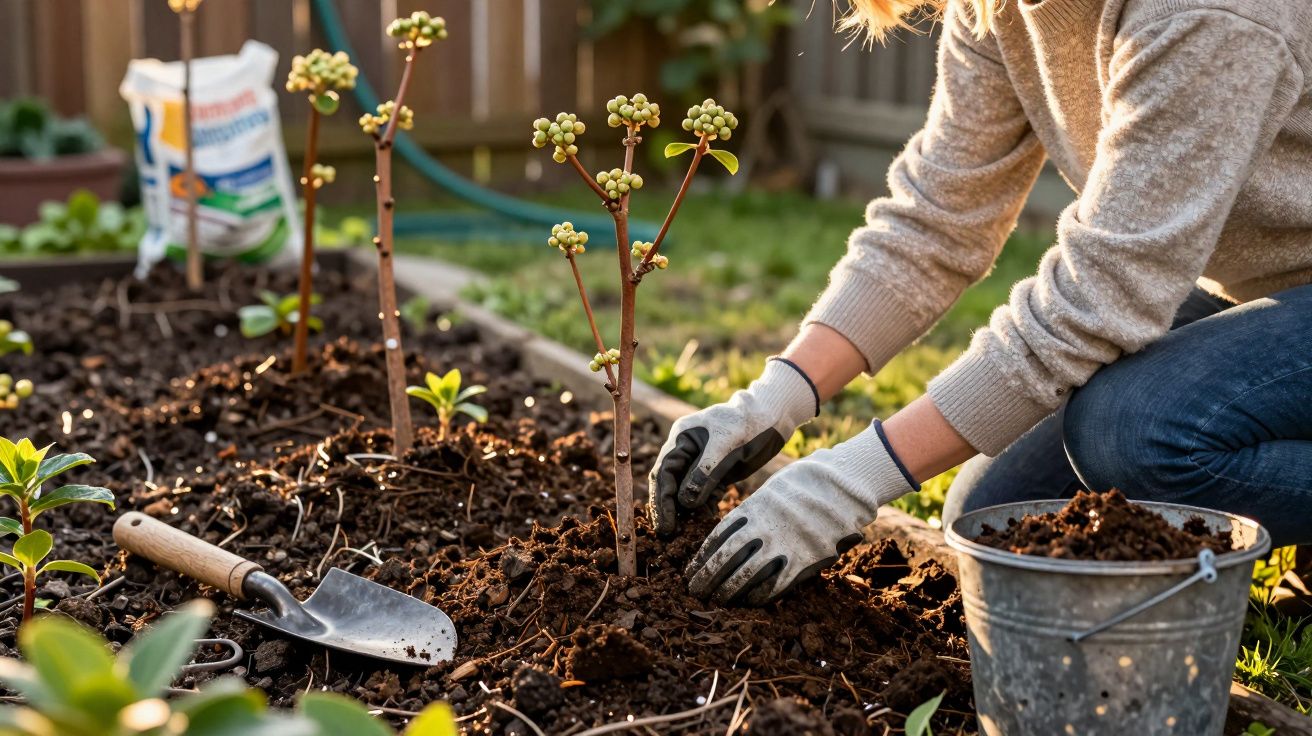 Pessoa a plantar árvores jovens num jardim com luvas, rega e ferramentas de jardinagem.