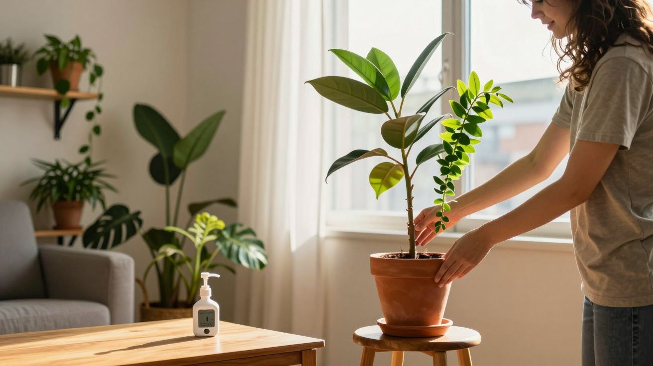 Mulher a cuidar de planta numa sala iluminada, com várias plantas e uma garrafa de álcool em gel na mesa.