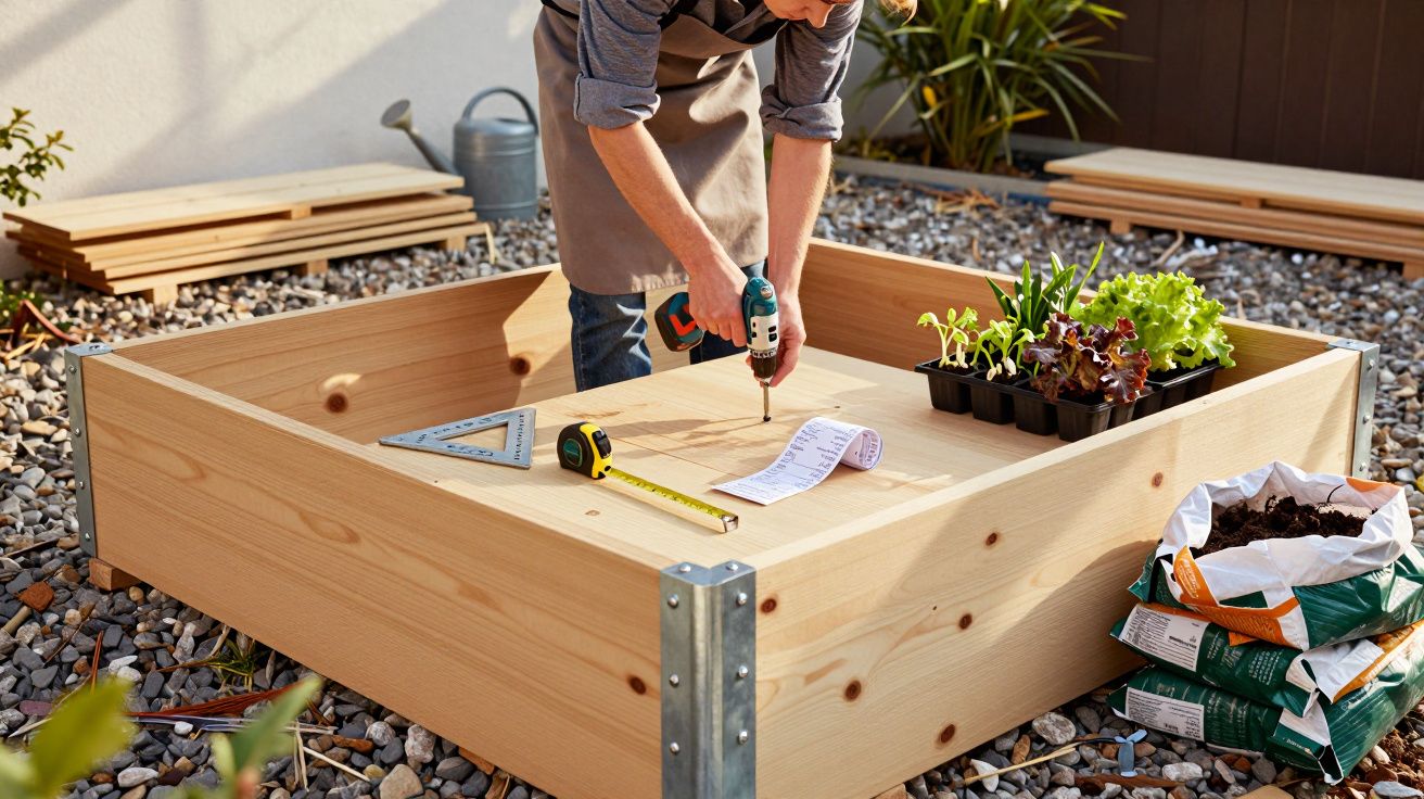 Pessoa a montar uma estrutura de madeira para horta, com ferramentas e plantas à volta num jardim exterior.