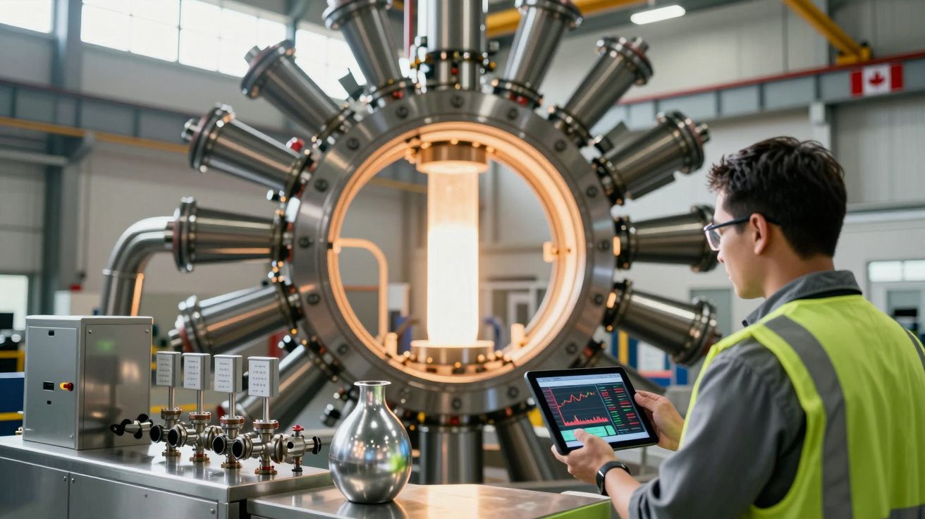 Homem com colete refletor consulta tablet diante de equipamento industrial moderno numa fábrica.