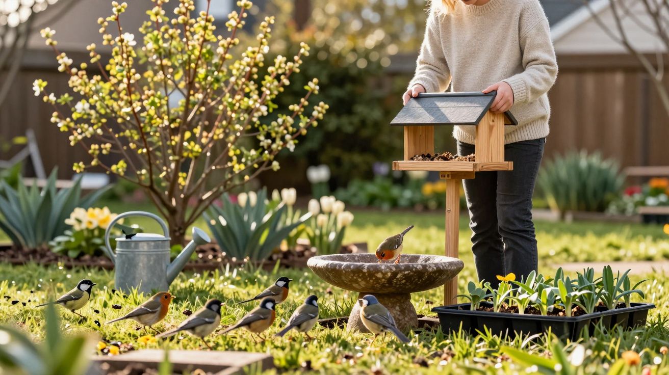 Criança a alimentar pássaros num jardim florido com regador, chapéu de chuva e viveiro de plantas.