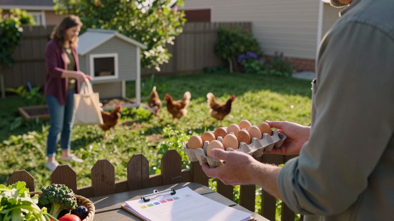 Pessoa a segurar uma bandeja com ovos frescos num quintal com galinhas e outra pessoa ao fundo.