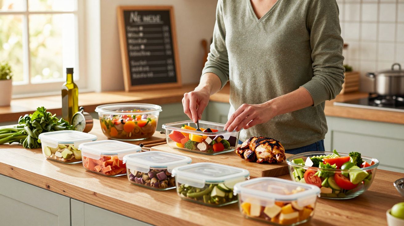Pessoa a preparar e organizar legumes e legumes numa bancada de cozinha moderna.