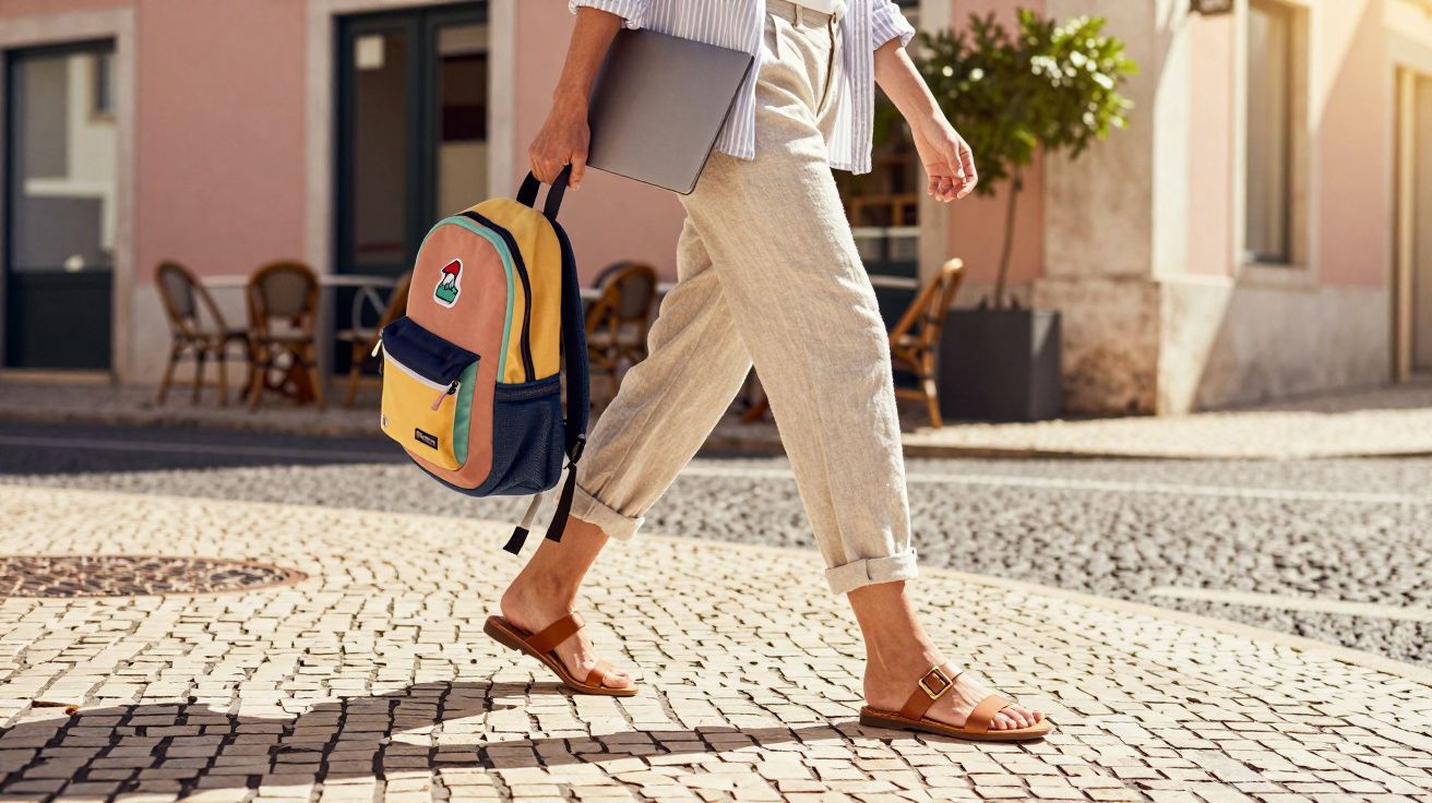 Pessoa a caminhar numa rua com calçada portuguesa, segurando mochila colorida e portátil.