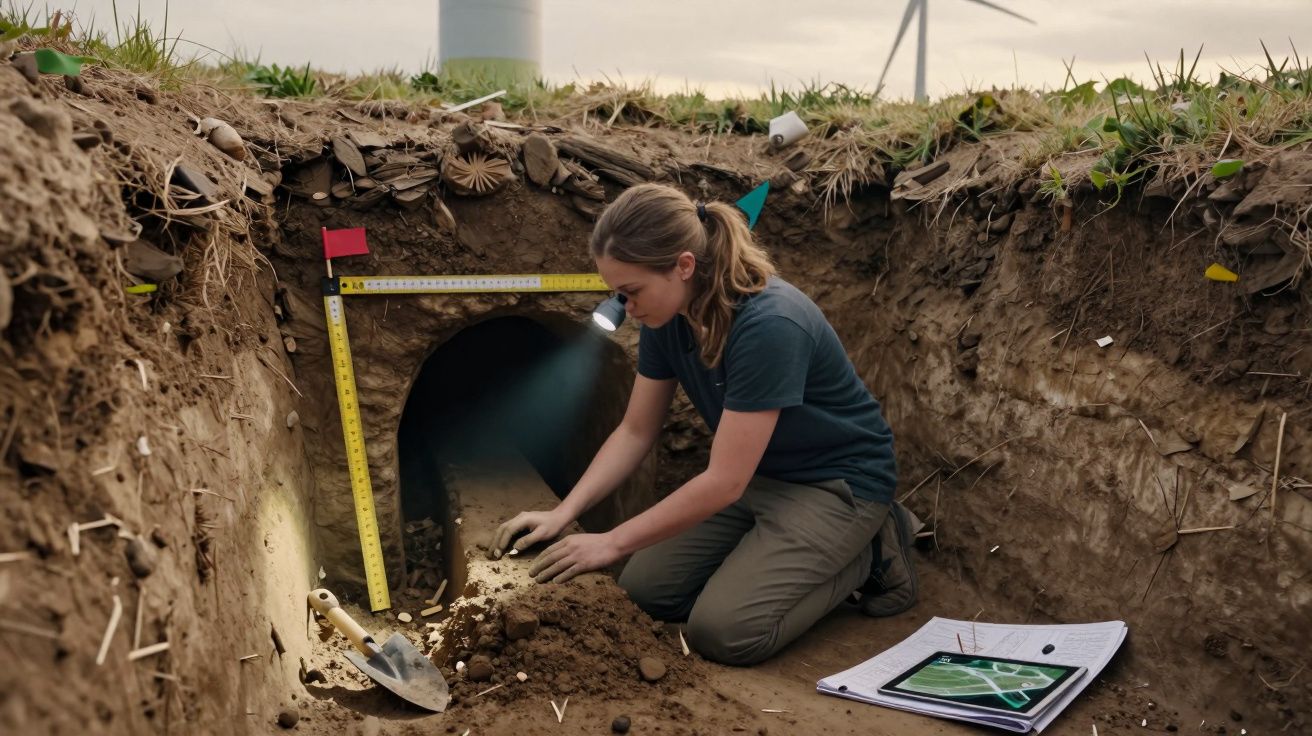 Menina a escavar e inspecionar um túnel subterrâneo durante uma atividade de arqueologia.