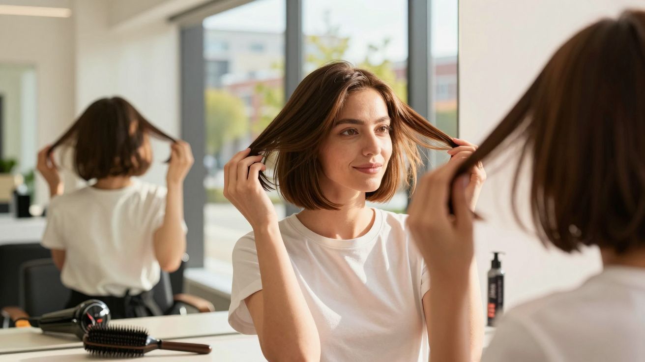 Mulher jovem a segurar o cabelo curto e castanho, olhando-se ao espelho num salão de beleza iluminado.