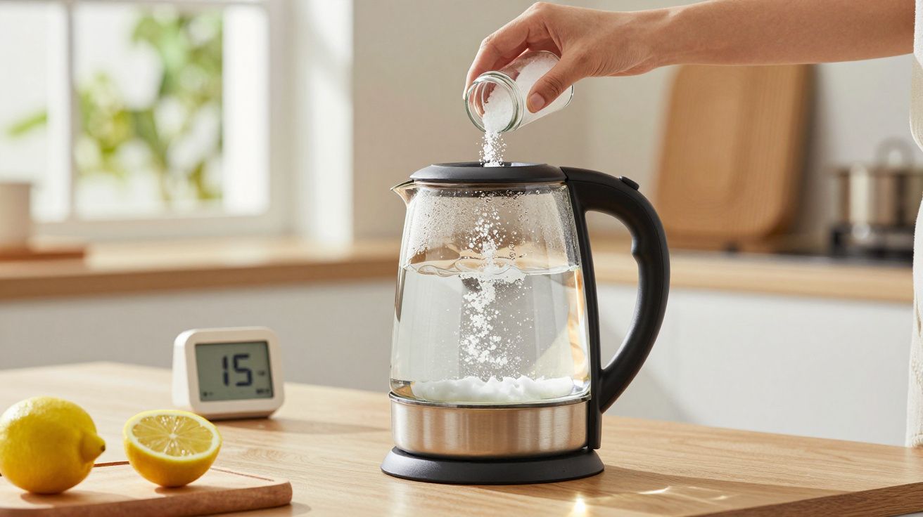 Mão a deitar pastilha efervescente em jarro elétrico com água na cozinha iluminada.