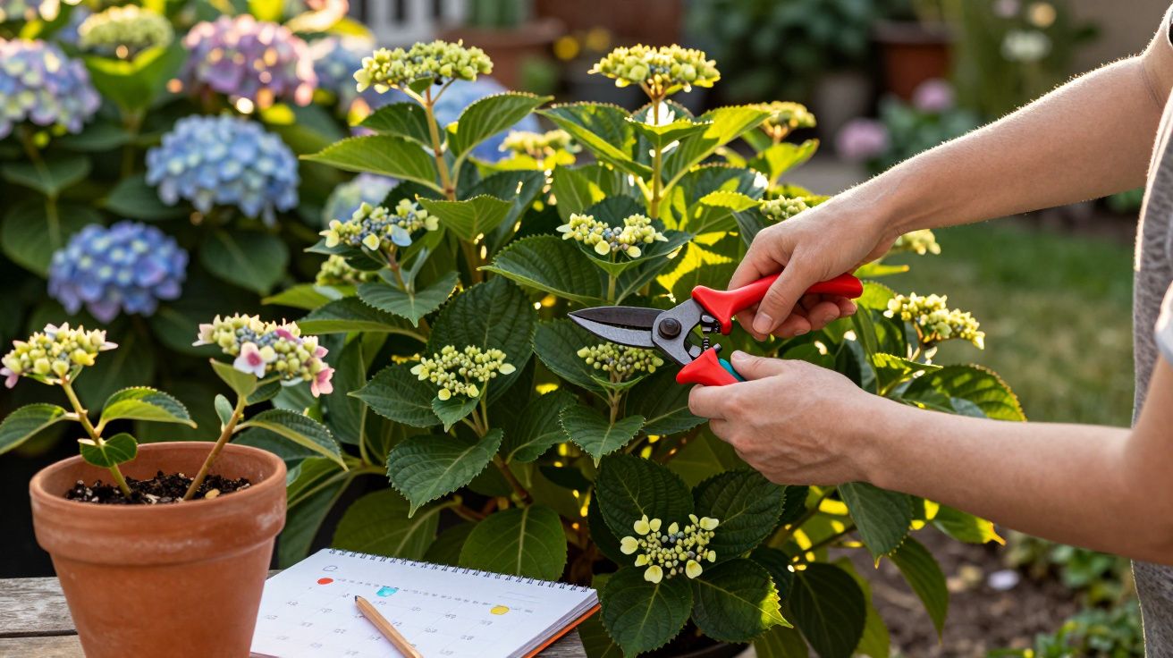 Mãos podando flores amarelas numa planta com tesoura de jardim, com vaso e calendário na mesa.