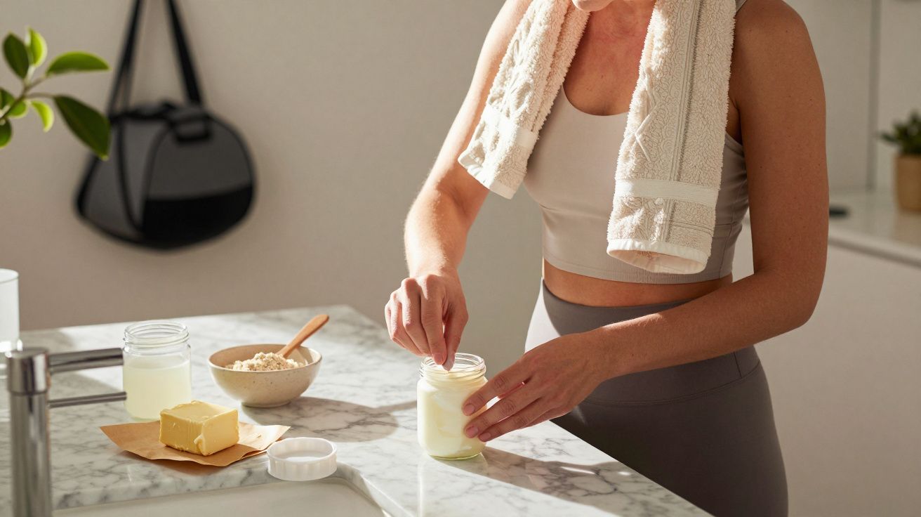 Pessoa com toalha ao pescoço abre frasco de vidro na cozinha com manteiga e cereal na bancada.