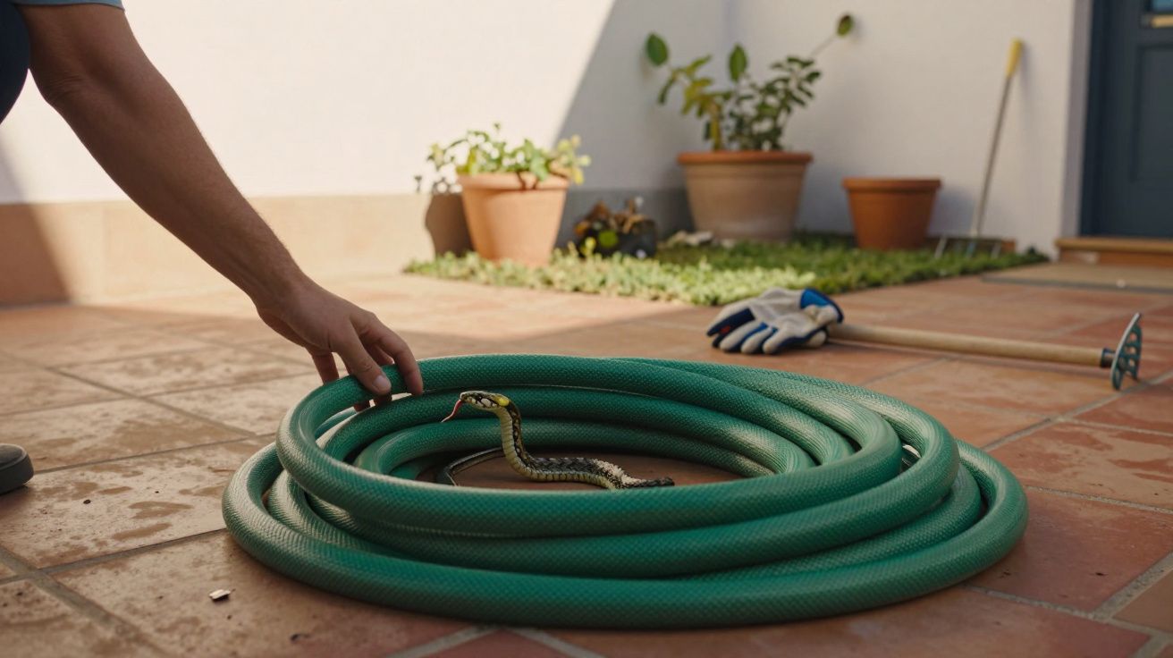 Mão a afastar uma serpente enrolada dentro de uma mangueira verde num pátio com vasos e luva de jardinagem.