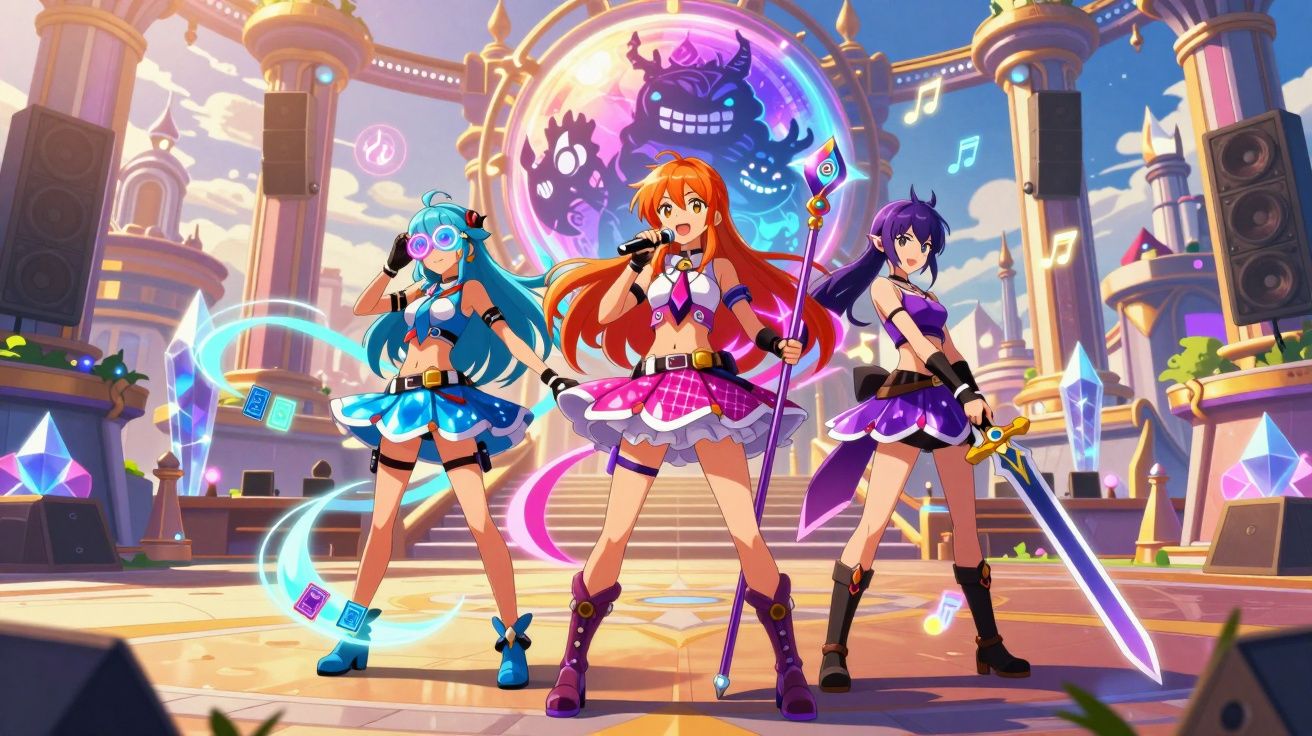 Três personagens anime femininas em palco colorido, com acessórios mágicos e armas, fundo com colunas e símbolos brilhantes.