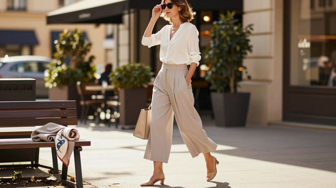 Mulher elegante a caminhar numa rua urbana com camisa branca, calças bege largas e óculos de sol.