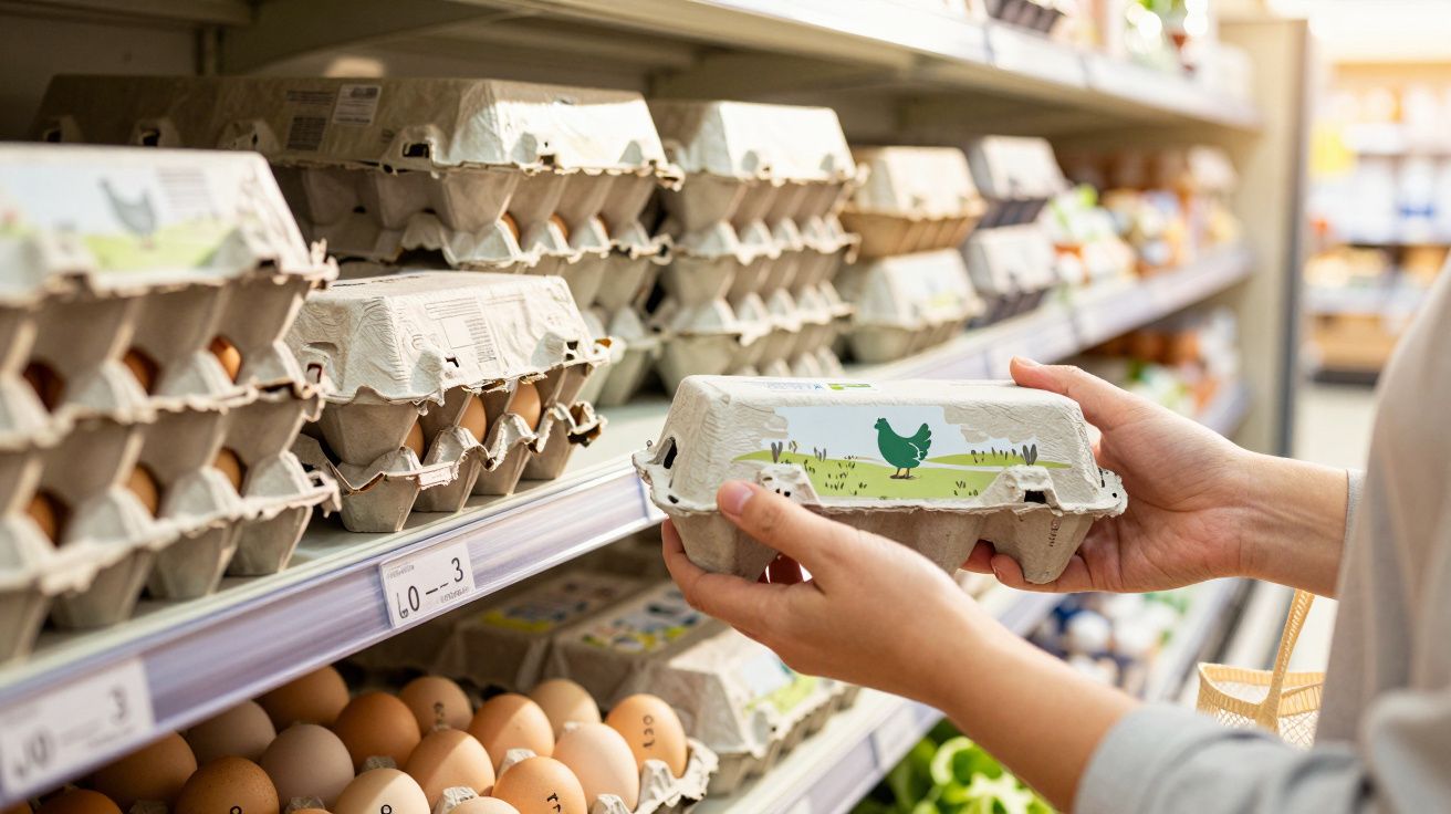 Pessoa a segurar embalagem de ovos numa prateleira de supermercado.
