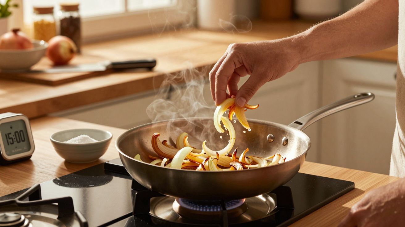 Mãos a saltear cebola a dourar numa frigideira, fogão a gás ligado e vapor a subir.