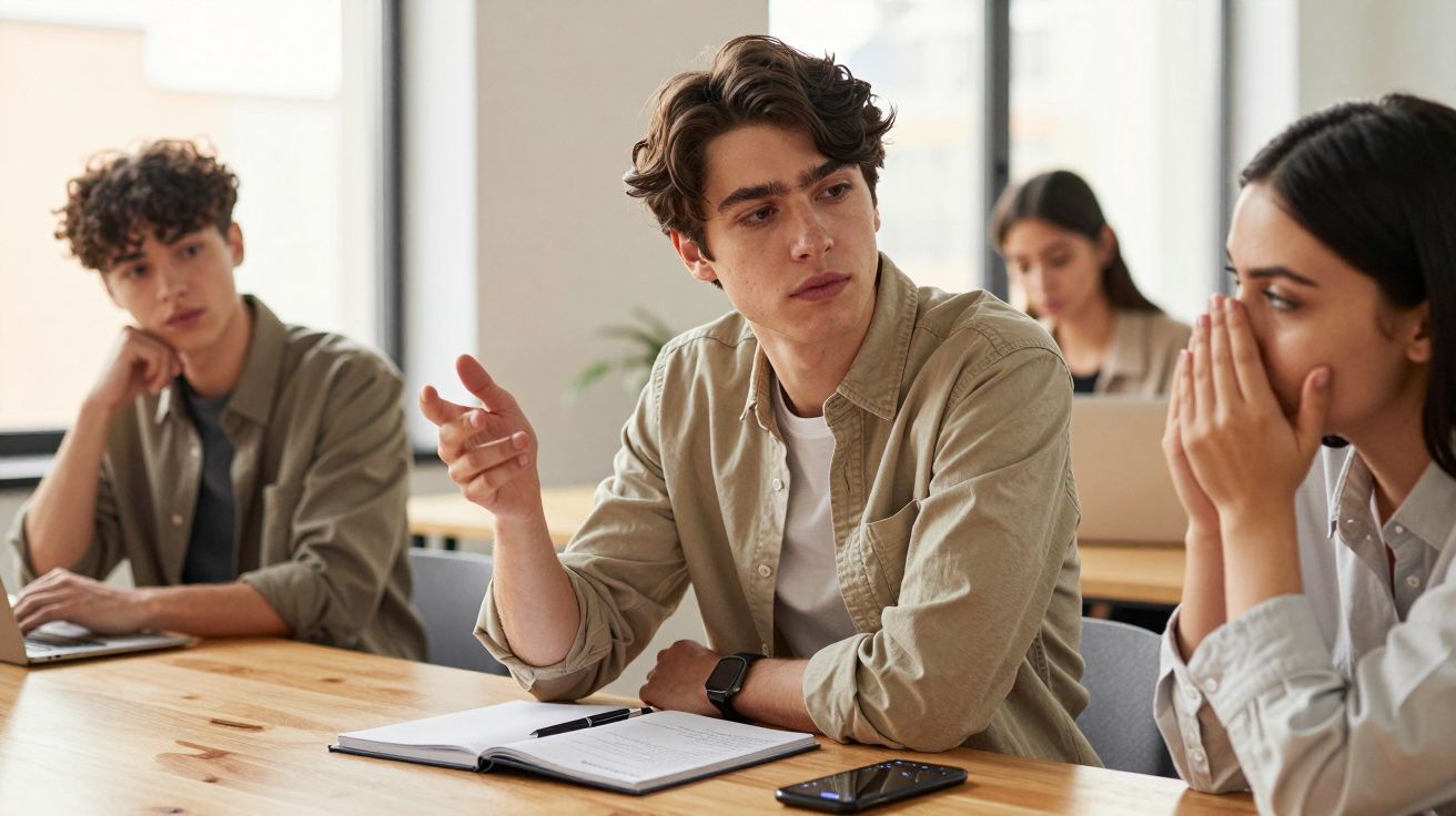 Jovens a discutir numa mesa com cadernos e computadores, num ambiente de estudo ou trabalho.