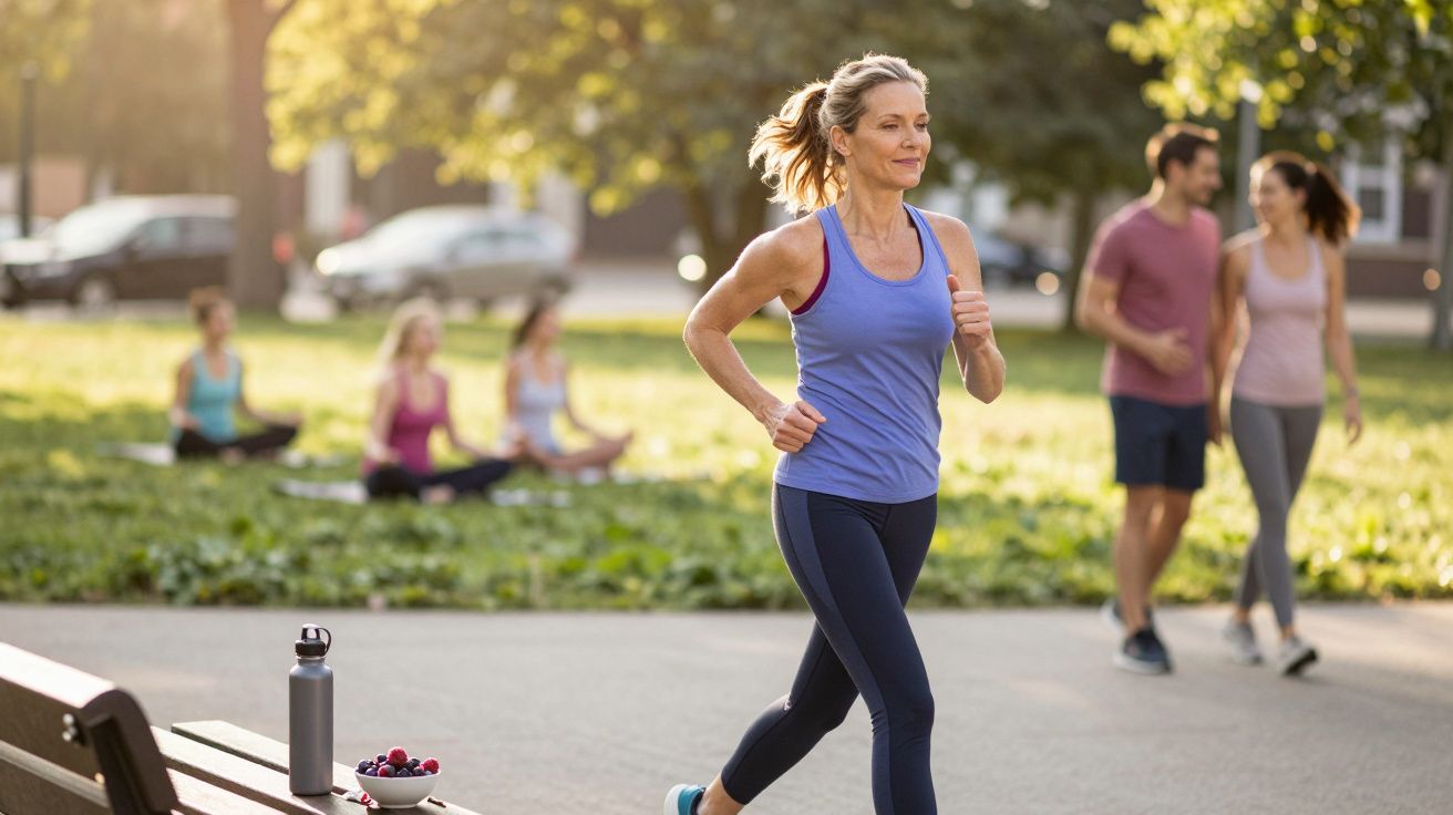 Mulher a correr num parque ao amanhecer, enquanto outras pessoas praticam exercício e meditam ao fundo.