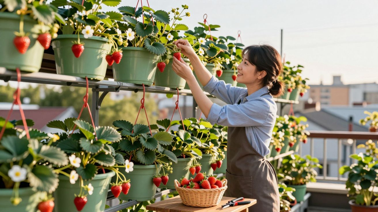 Mulher a apanhar morangos em vasos pendurados numa varanda ensolarada com cesta cheia de frutos.