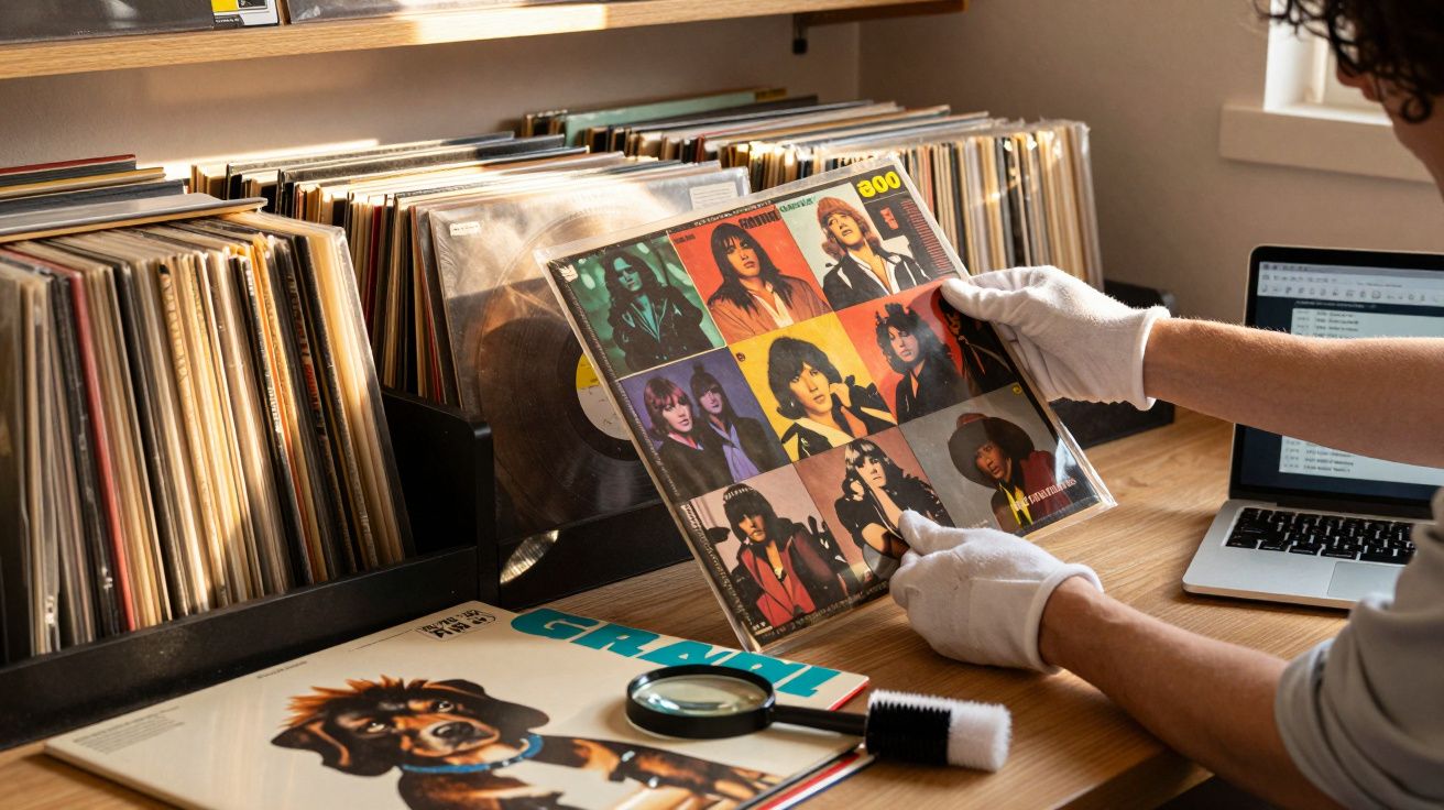 Pessoa com luvas brancas manuseia disco de vinil com coleção de álbuns e computador portátil numa mesa de madeira.